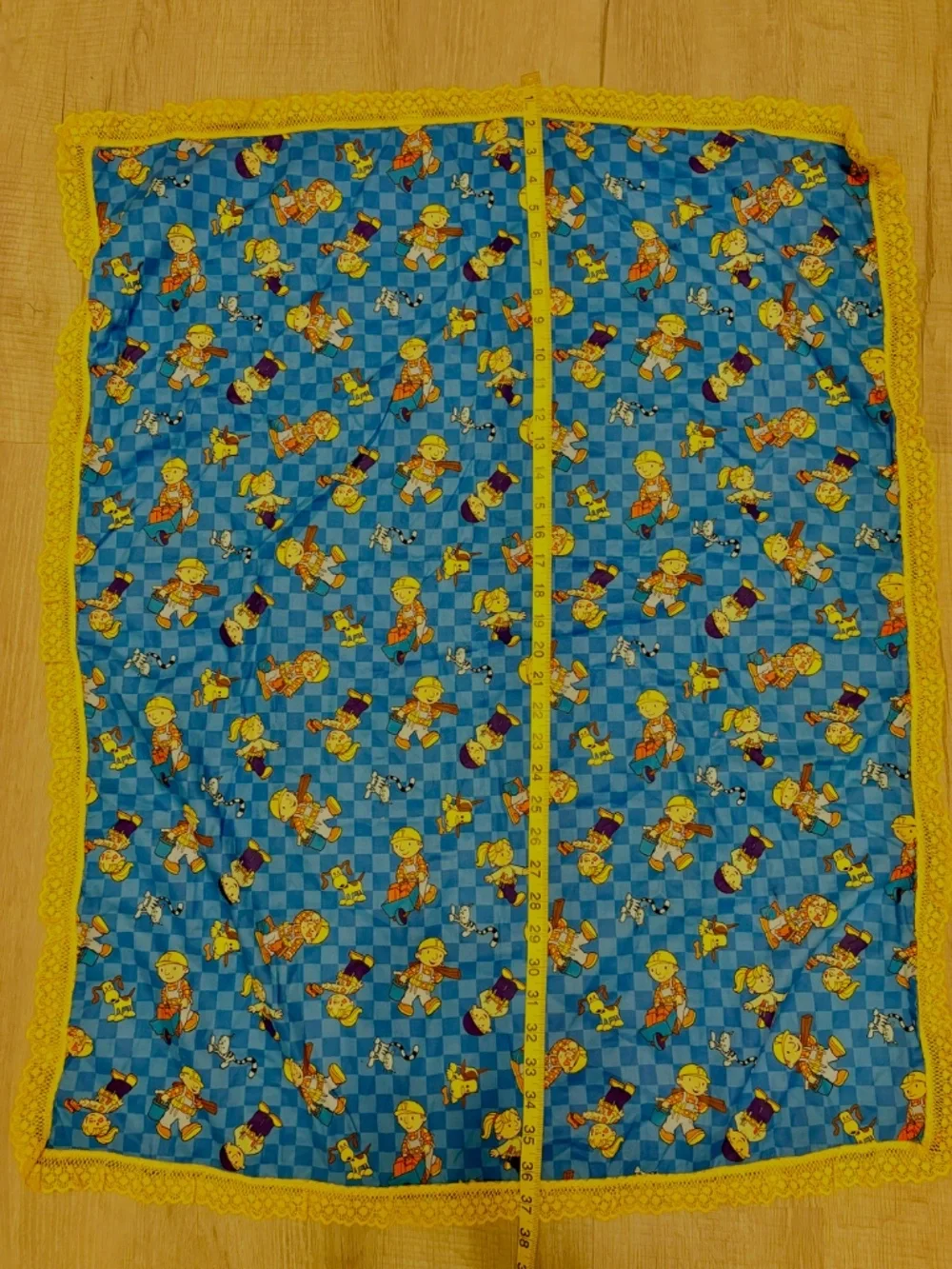 Vintage Bob the Builder Handmade Baby Blanket 2002 Blue Cotton Yellow Lace Trim